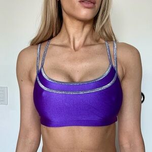 Purple Double-Strap Satin Bralette with Silver Trim